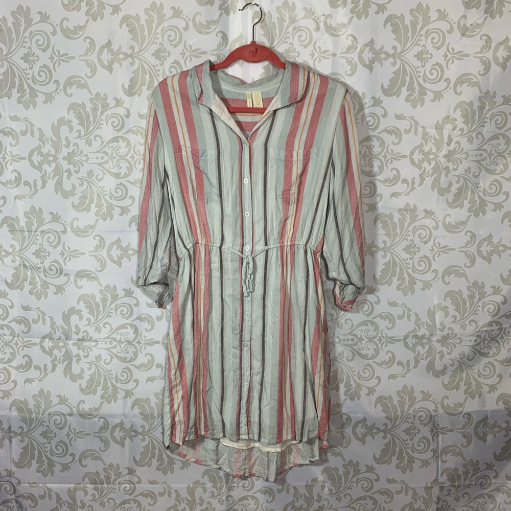 Japan Coral Striped Tie Waist Midi Dress